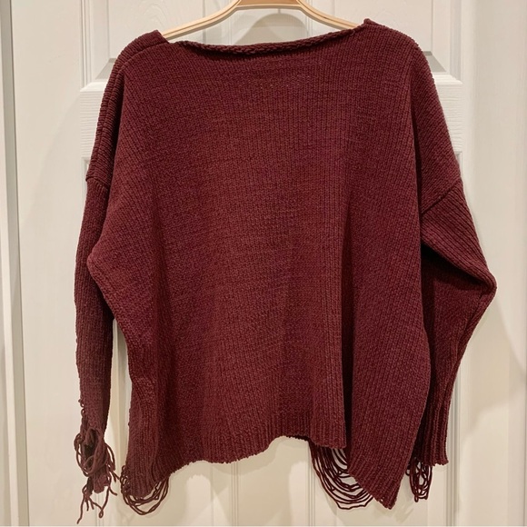 Boohoo Emma Maroon Distressed Chenille Jumper Sweater - Picture 3 of 10